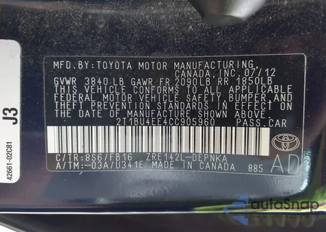 2012 Toyota Corolla Le z USA, uszkodzony, nr VIN 2T1BU4EE4CC905960